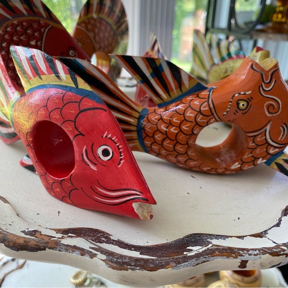 Set of 6 Hand Painted Wooden Tropical Fish Napkin Rings Holders Vintage - Picture 4 of 16